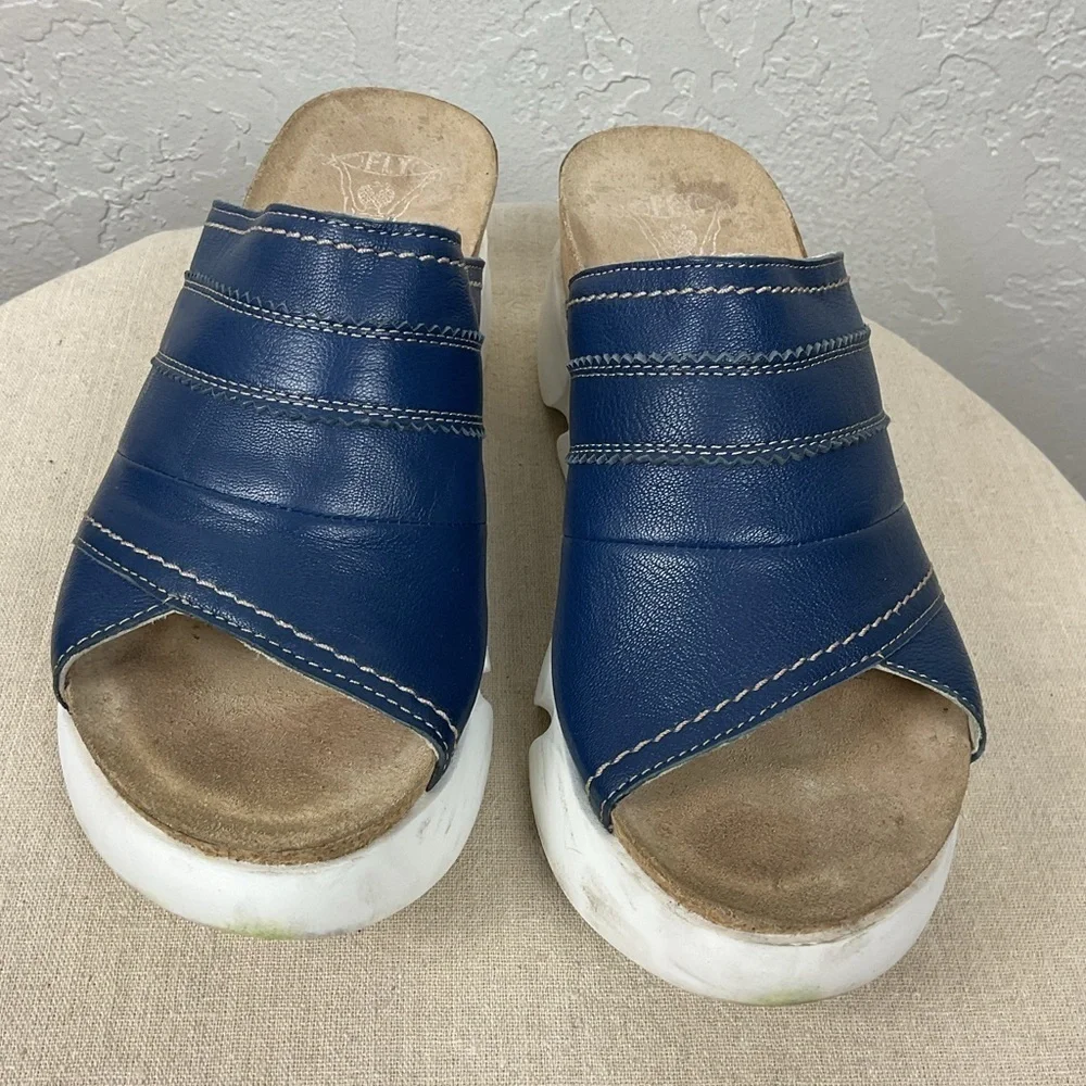 Fly London Suze Women’s Blue Leather Slip On Slide Platform Sandal Sz 41, US 10 - Picture 3 of 15